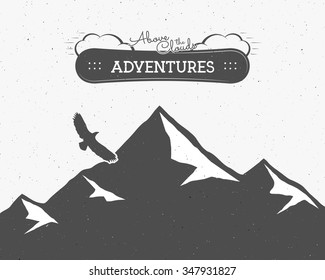 Motivational and inspirational typography poster with quote. Winter mountain adventure, snowboarding brochure, banner and flyer template design with eagle icon on vintage background. Retro theme.
