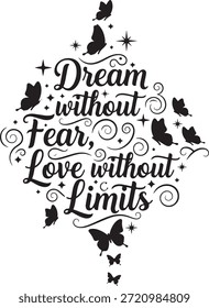 Composición de letras motivacional con fuente de escritura cursiva. Arte de texto decorativo con estrellas de mariposas y remolinos para pegatinas de pared de decoración para el hogar y Elementos de Diseño gráfico de afirmación positiva.