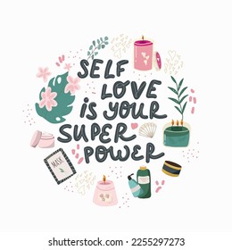 Motivational lettering illustration of a girl's self-image on white background. Love yourself, relax, show love to the body. Hopeful message, print for clothes.