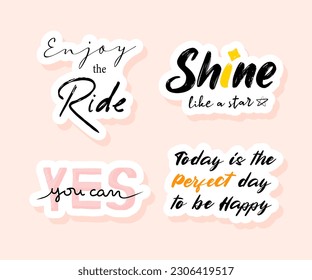 Conjunto de stickers de frases con letras motivacionales. Cute vectorial, imagen de clip de etiqueta de bloc de notas. Citas inspiradoras de autoconfianza.