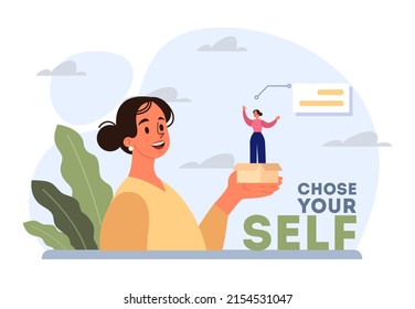 Motivational and life-coaching illustrations. Inspiring motivational quotes for self-development and life-style evolution. Personal succes idea. Flat vector illustration