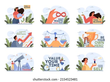 Motivational and life-coaching illustrations set. Inspiring motivational quotes for self-development and life-style evolution. Personal succes idea. Flat vector illustration