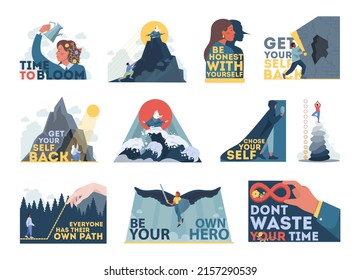 Motivational and life-coaching illustrations set. Inspiring motivational quotes for self-development and life-style evolution. Personal succes idea. Flat vector illustration