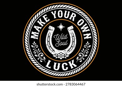 Motivational luck logo design featuring horsehoe and Wild Soul text in vintage-inspired typography with gold accents