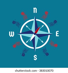Motivational nautical symbol for sailor/windrose. Navigation Poster Concept. Ship/wave/wind/storm/compass. Template Idea for nautical design/poster/flyer/t-shirt/banner/web icon. Vector Illustration