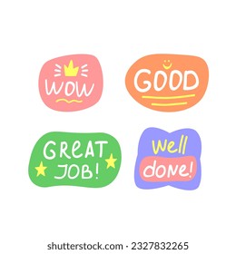 Motivational patches collection. Stickers, badges, prints for kids with quotes, doodles and lettering. Wow, good, great job, well done. Cute cartoon vector. Flat style inspirational illustrations