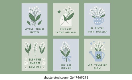 Motivational Phrase Floral Posters Set. Inspirational Self Love and Care Vertical Banners with handwritten lettering and Lily of the Valley Flowers. Vector illustration