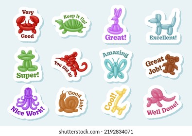 Motivational phrase stickers animal shaped air balloon set vector flat illustration. Inspire motto message amazing great keep it up super nice work good job childish holiday party helium bubble toy