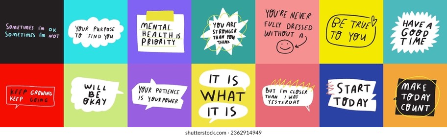 Motivational phrases. Big collection. Lettering. Hand drawn speech bubbles, stickers on bright backgrounds. Best for social media.