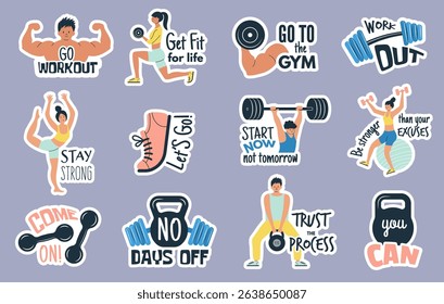 Motivational phrases. Collection of sport fitness stickers recent vector lettering set