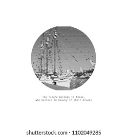 Motivational picture of travel. Black and white graphic ship logo.. Vector illustration
