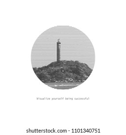 Motivational picture of travel. Lighthouse is a graphic black and white logo. Vector illustration