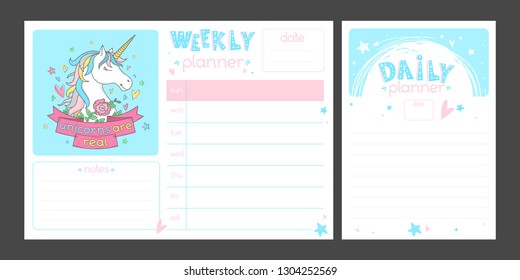 Motivational Planner set with cartoon Unicorn and hand drawn lettering "Unicorns are real". Vector Cartoon Weekly and Daily organizer.  Business shedule page. Positive quote