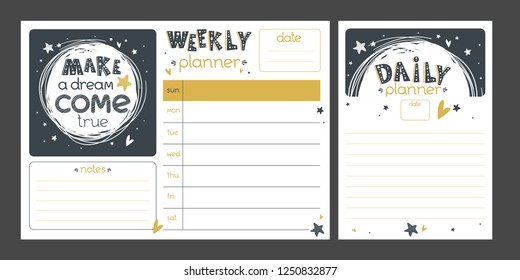 Motivational Planner con letras hechas a mano "Haz un sueño realidad". Organizador de Vector Cartoon Weekly y Daily.  Página Programación de negocios. Cita positiva