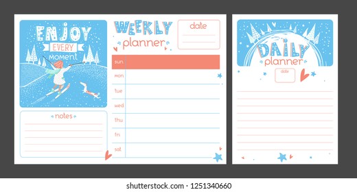 Motivational Planner set with hand drawn lettering "Enjoy every moment". Vector Cartoon Weekly and Daily organizer.  Business shedule page.