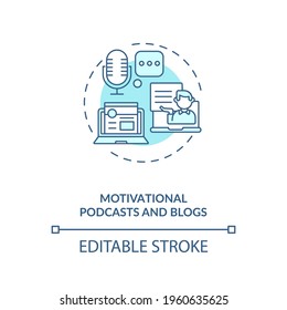Motivational podcasts and blogs concept icon. Inspiration from people idea thin line illustration. Listening to audio and reading quotes. Vector isolated outline RGB color drawing. Editable stroke
