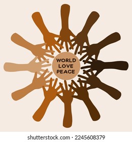 Motivational poster against racism. Hands of latin and black skin. In the shape of the sun. A text about the tolerance and friendship of peoples.