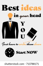 Motivational poster. "Best ideas in your head&You just have to write them down". 