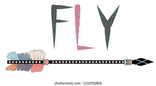 Motivational poster in the Boho style fly. Arrow and Lettering. Hand Drawn black elements