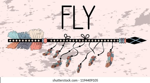 Motivational poster in the Boho style fly. Arrow and Lettering. Hand Drawn black elements