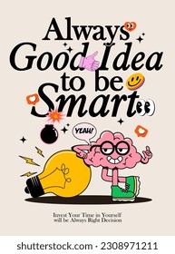 Motivational poster or card or book cover design template for self education or learning with cartoon brain character and typographic composition and emoji elements on light background. 