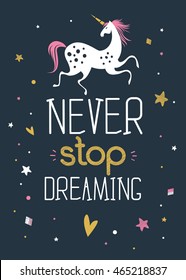 Motivational poster with hand drawn lettering "Never stop dreaming" and unicorn. Cute art for greeting card, inspirational banner, apparel design, print. Trendy background with positive quote.