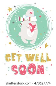 Motivational poster with hand drawn lettering "Get well soon". Cute artwork for greeting card, inspirational banner, print. Vector background with positive quote and polar bear.