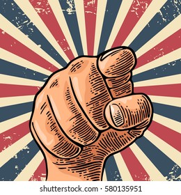 Motivational poster with hand pointing at you or the viewer listen text. Finger at viewer, from front. Vector color vintage engraved illustration.