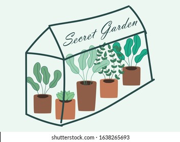 Motivational poster with house plants in the pot and lettering Secret Garden, hand drawn illustration in simple flat scandinavian style, vector design