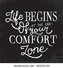 motivational poster quote LIFE BEGINS AT THE END OF COMFORT ZONE. Hand lettering poster on chalkboard background. Hand lettering design. Quote template. Quote poster. Stock vector