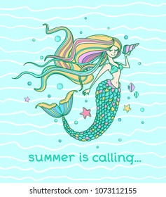 Motivational poster, season greeting card, label or print with mermaid. Lettering "Summer is calling". Cartoon character. Doodle vector illustration. Decorative travel background. Vacation concept