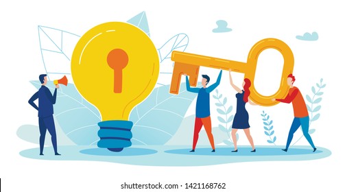 Motivational Poster Selection Key to Idea Flat. Professional Banner Commander Commands into Loudspeaker how to Open Key. Flyer Employees Jointly Raise Key to Reach Well. Vector Illustration.