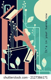 motivational poster for self-development. The concept of opening oneself to the world, learning new things, showing curiosity and striving for success. Psychological illustration