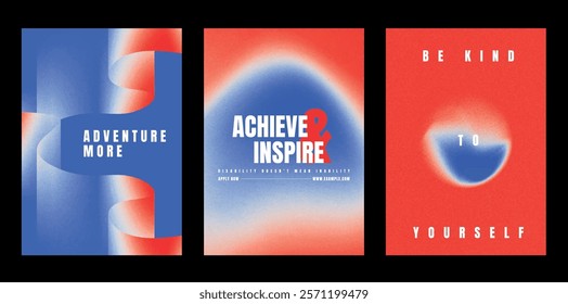 Motivational poster template set with bold typography. Modern motivational poster template set. Red blue gradient design. Set of modern vector poster templates, vibrant red blue gradient design