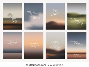 Motivational posters with backgrounds. Each poster features inspirational quotes in elegant fonts. Encouraging, positive, uplifting messages. Aesthetic inspirational quote poster template vectors.