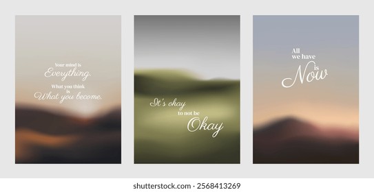 Motivational posters with blurred backgrounds. Inspirational quotes in elegant fonts. Calm, soothing colors create a peaceful, reflective mood. Aesthetic inspirational quote poster template vectors.