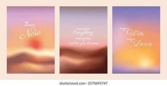 Motivational posters with blurred landscapes. Inspirational quotes in elegant fonts. Soft, warm colors create a calming, motivational atmosphere. Pastel inspirational quote poster template vectors.