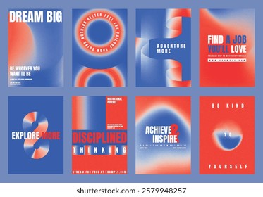 Motivational posters with bold typography templates. Modern abstract inspiration poster template set. Red blue gradient design. Set of modern vector poster templates, vibrant red blue gradient design