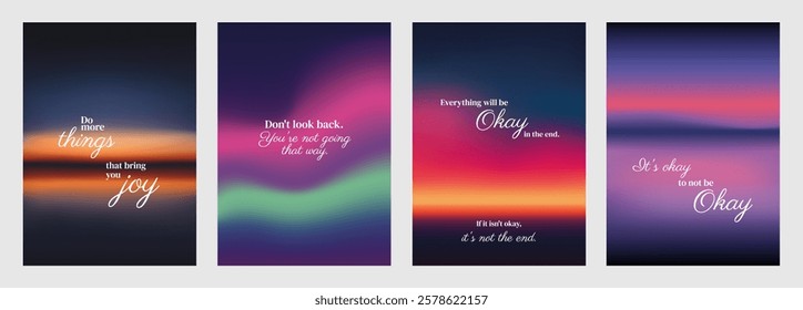 Motivational posters with colorful gradients. Each poster features an inspirational quote. Vibrant colors and motivational quotes stand out. Sunset sky inspirational quote poster template vectors.