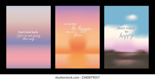 Motivational posters with inspirational quotes. Each poster features a gradient background with phrases about faith, happiness, and moving forward. Pastel inspirational quote poster template vectors.