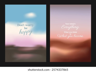 Motivational posters with inspirational quotes. One has a blue sky and clouds, the other a warm sunset. Positive, uplifting, motivational messages. Pastel inspirational quote poster template vectors.