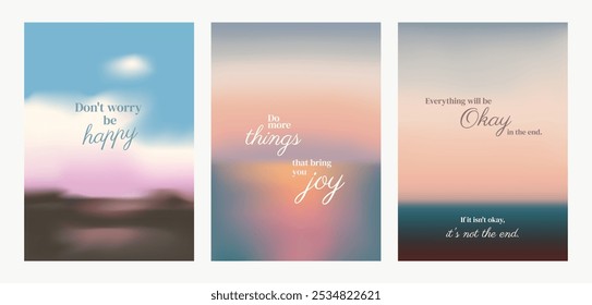 Motivational posters with pastel backgrounds. Uplifting quotes encourage happiness, joy, and positivity. Inspiring and calming designs for any space. Pastel inspirational quote poster template vectors