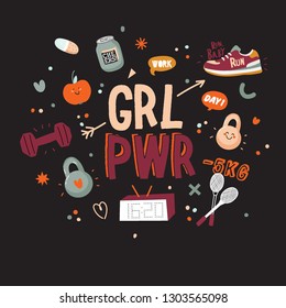 Motivational print with sport and fitness elements made in doodle style including trendy quotes and cool stylized elements. Vector. Black background.