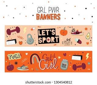 Motivational print with sport and fitness elements made in doodle style including trendy quotes and cool stylized elements. Vector. White background.