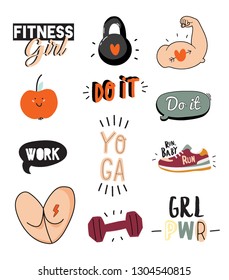 Motivational print with sport and fitness elements made in doodle style including trendy quotes and cool stylized elements. Vector. White background.