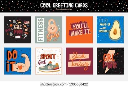 Motivational print with sport and fitness elements made in doodle style including trendy quotes and cool stylized elements. Vector. White background.