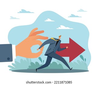 Motivational Push, Big Step. Businessman Goal Achieve, Successful New Start, Career Achievements Strategy, Manager Impulse, Diligence And Perseverance. Vector Cartoon Flat Isolated Concept