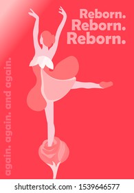 Motivational quote and concept about work, failure and success in a poster. Banner illustration of a ballerina inside a flower reborn and rise concept. Text and image flat graphic design.