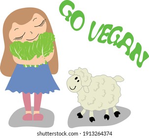 Cita motivacional Vamos vegano. Chica graciosa con cordero. Ilustración para logos, impresión en ropa, bolsas, pegatinas, afiches, tienda vegana, café vegano. Vayan a vegano y vayan con letras verdes.