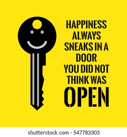 Motivational quote. Happiness always sneaks in a door you did not think was open. On yellow background.